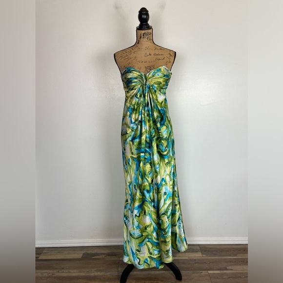 Laundry By Shelly Segal 90s Y2K Satin Strapless Maxi Dress Sz 2 Silky Green Blue - Picture 1 of 11
